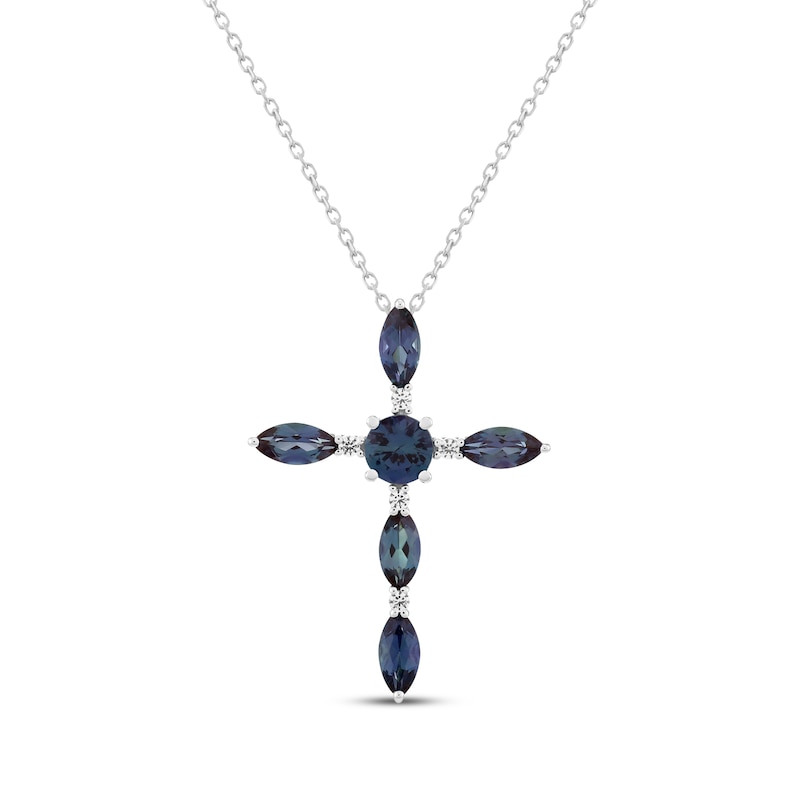 Main Image 1 of Lab-Created Alexandrite & White Lab-Created Sapphire Cross Necklace Sterling Silver 18"