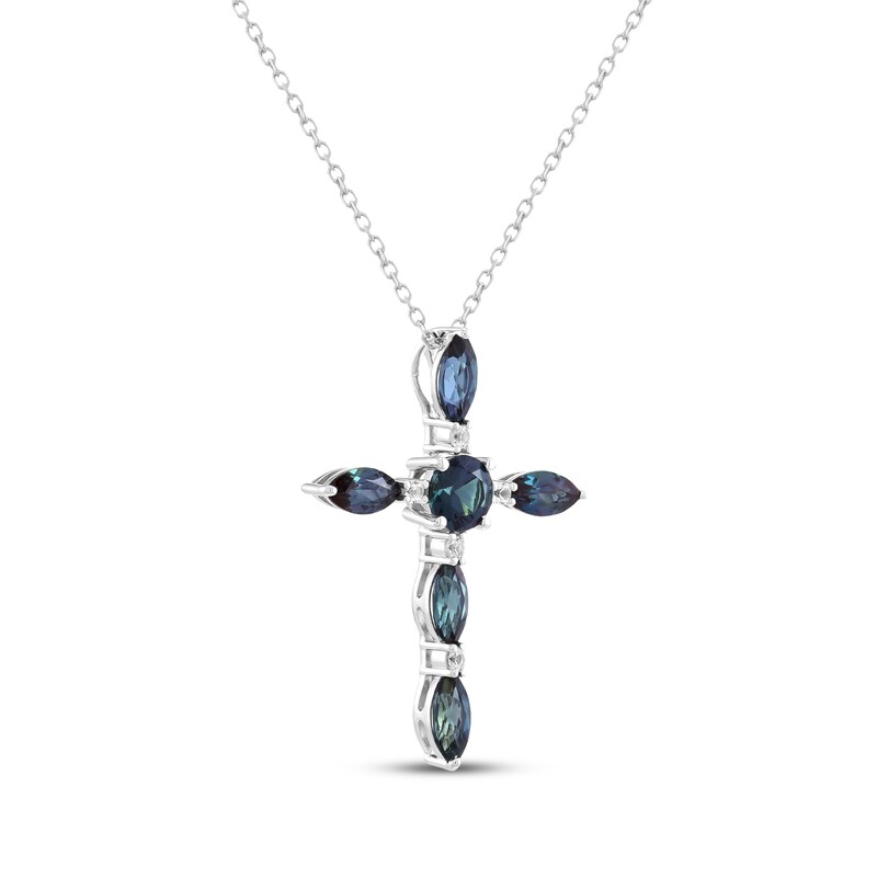 Main Image 2 of Lab-Created Alexandrite & White Lab-Created Sapphire Cross Necklace Sterling Silver 18"