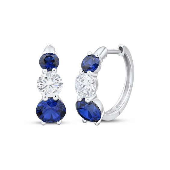 KAY Lab-Grown Diamonds Blue Lab-Created Sapphire Three-Stone Hoop Earrings 1 ct tw 10K White Gold