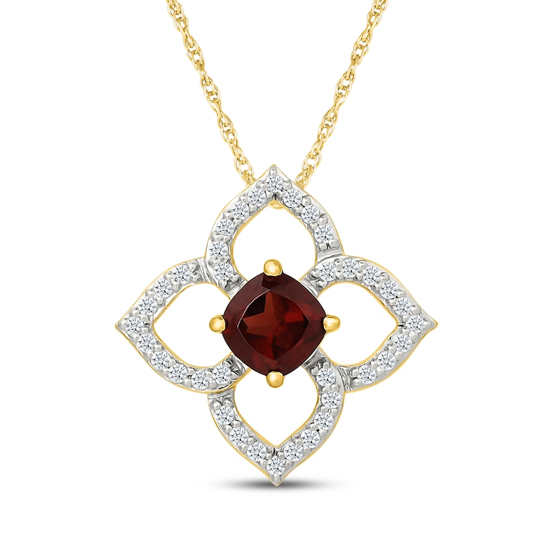 Main Image 1 of Cushion-Cut Garnet & Diamond Necklace 1/8 ct tw 10K Yellow Gold 18"
