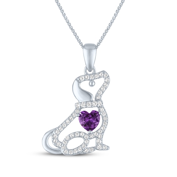 Heart-Shaped Amethyst & White Lab-Created Sapphire Puppy Necklace Sterling Silver 18"