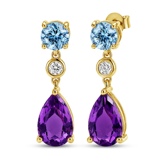 Pear-Shaped Natural Amethyst, Natural Swiss Blue Topaz & White Lab-Created Sapphire Dangle Earrings 24K Yellow Gold Vermeil Sterling Silver