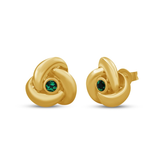 Round-Cut Lab-Created Emerald Solitaire Knot Stud Earrings 24K Yellow Gold Vermeil Sterling Silver