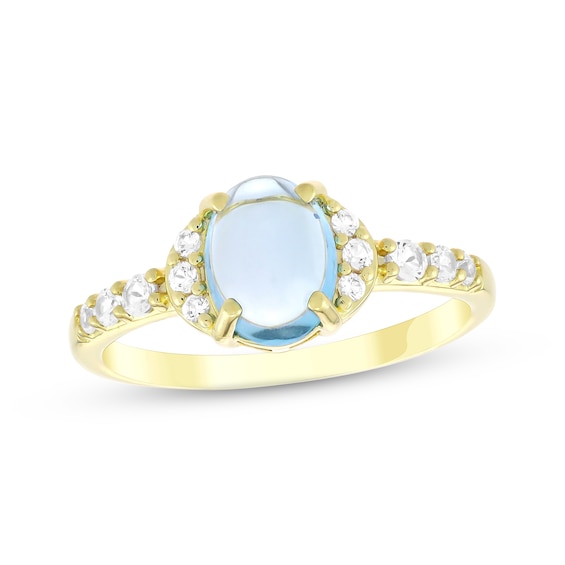 Oval Cabochon Natural Swiss Blue Topaz & White Lab-Created Sapphire Ring 18K Yellow Gold-Plated Sterling Silver