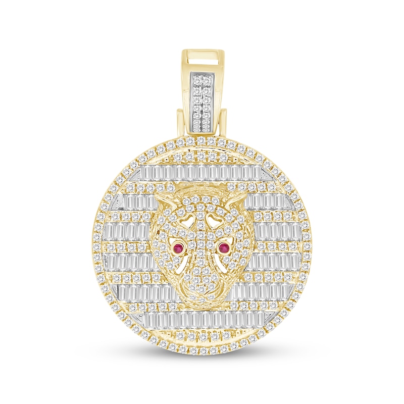 Men's Baguette & Round-cut Diamond & Lab-Created Ruby Panther Head Medallion Charm 1 ct tw 10K Yellow Gold
