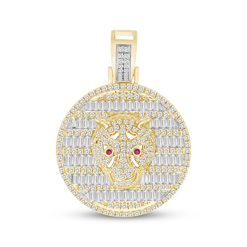 Main Image 1 of Men's Baguette & Round-cut Diamond & Lab-Created Ruby Panther Head Medallion Charm 1 ct tw 10K Yellow Gold