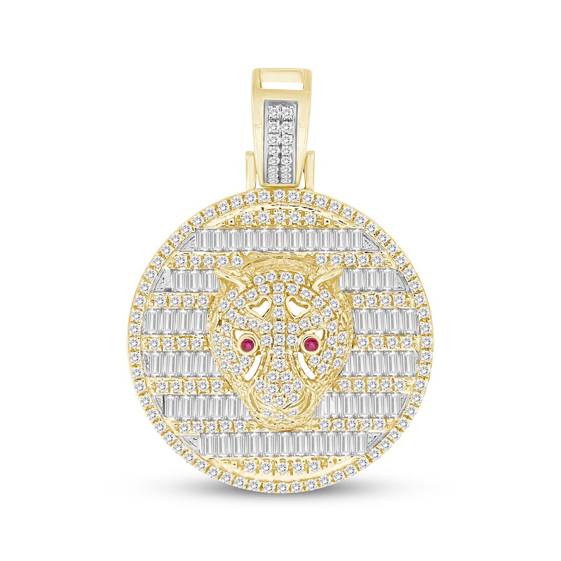 Men's Baguette & Round-cut Diamond & Lab-Created Ruby Panther Head Medallion Charm 1 ct tw 10K Yellow Gold