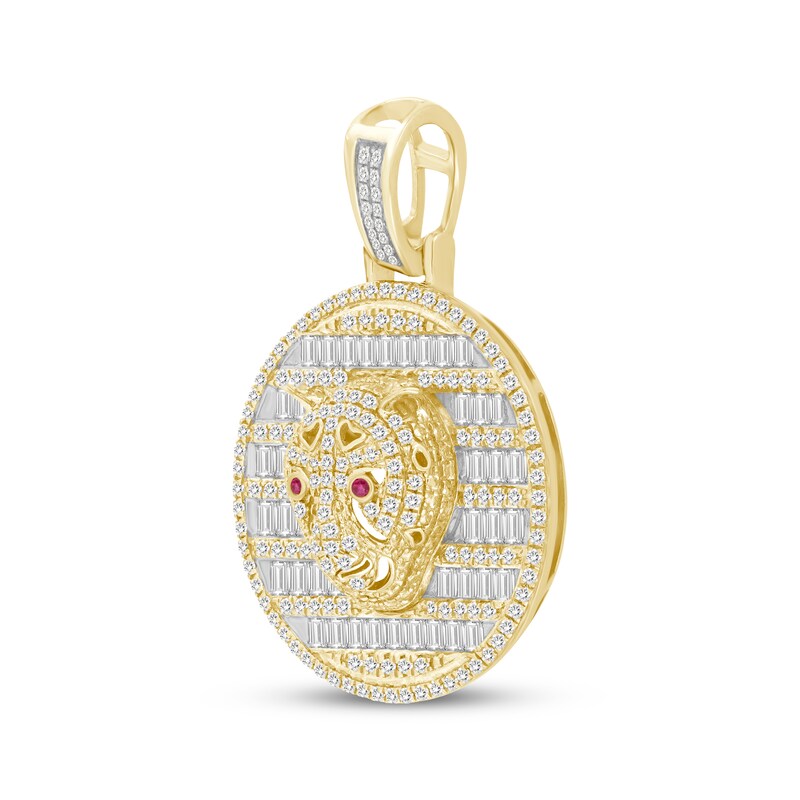 Men's Baguette & Round-cut Diamond & Lab-Created Ruby Panther Head Medallion Charm 1 ct tw 10K Yellow Gold