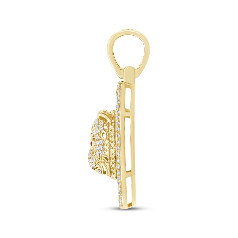 Main Image 3 of Men's Baguette & Round-cut Diamond & Lab-Created Ruby Panther Head Medallion Charm 1 ct tw 10K Yellow Gold