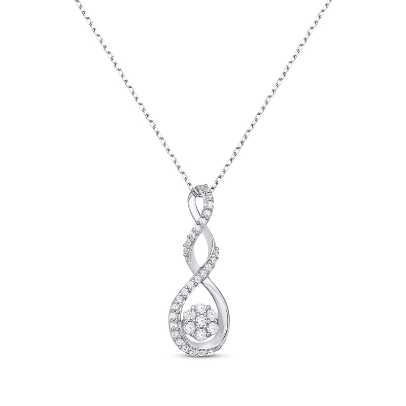Main Image 1 of Diamond Seven-Stone Flower Twist Drop Necklace 1/4 ct tw 10K White Gold 18"