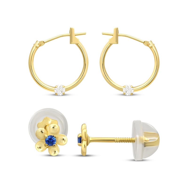Main Image 1 of Children's White & Blue Cubic Zirconia Earrings Set 14K Yellow Gold