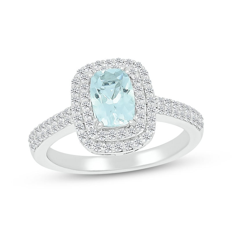 Main Image 1 of Cushion-Cut Aquamarine & White Lab-Created Sapphire Double Halo Ring Sterling Silver