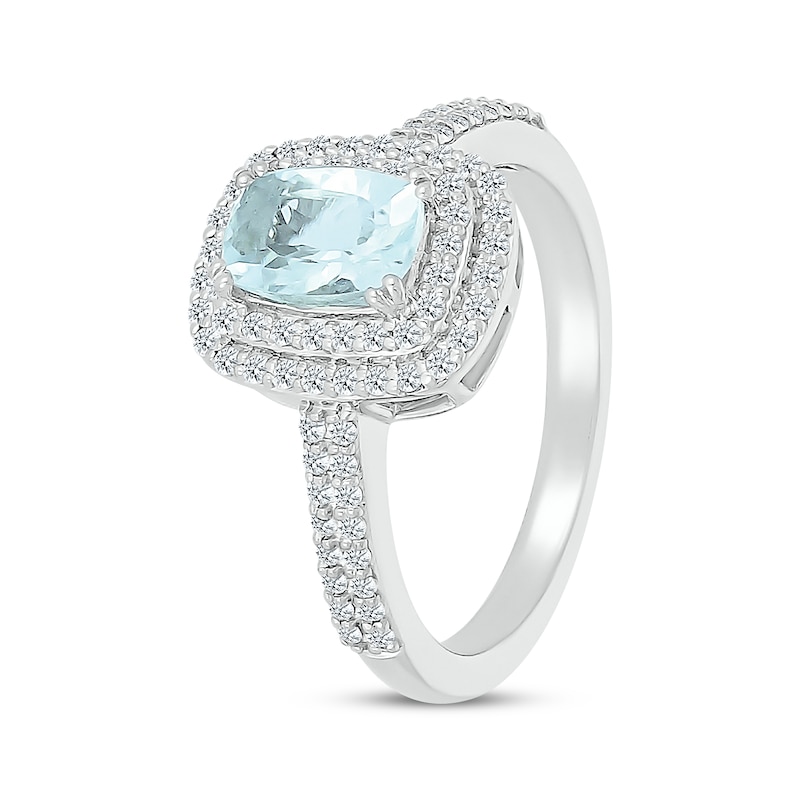 Main Image 2 of Cushion-Cut Aquamarine & White Lab-Created Sapphire Double Halo Ring Sterling Silver