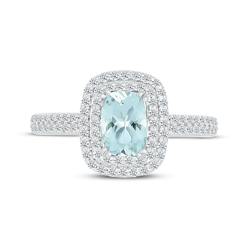 Main Image 4 of Cushion-Cut Aquamarine & White Lab-Created Sapphire Double Halo Ring Sterling Silver