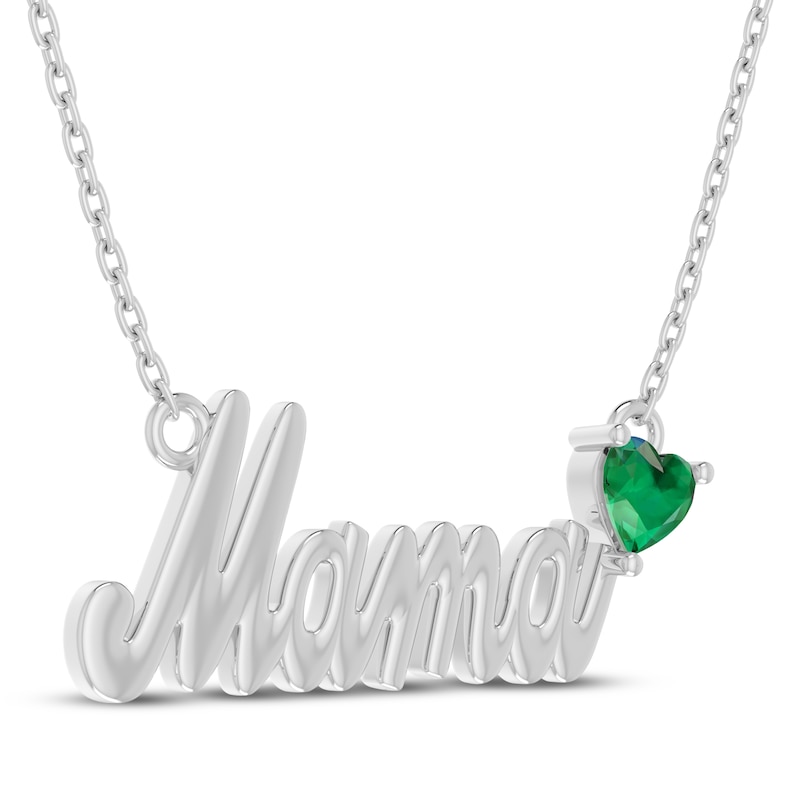 Main Image 2 of Heart-Shaped Lab-Created Emerald "Mama" Necklace Sterling Silver 18"