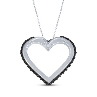 Black White Diamond Heart Outline Necklace 1/2 ct tw 10K White Gold 18