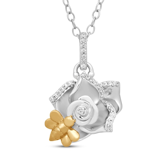 Diamond Flower & Bumble Bee Necklace 1/20 ct tw Sterling Silver & 14K Yellow Gold 18"