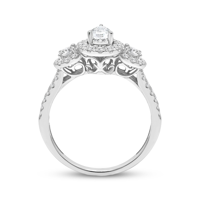 Main Image 2 of Adore Pear-Shaped Diamond Halo Three-Stone Engagement Ring 1 ct tw 14K White Gold