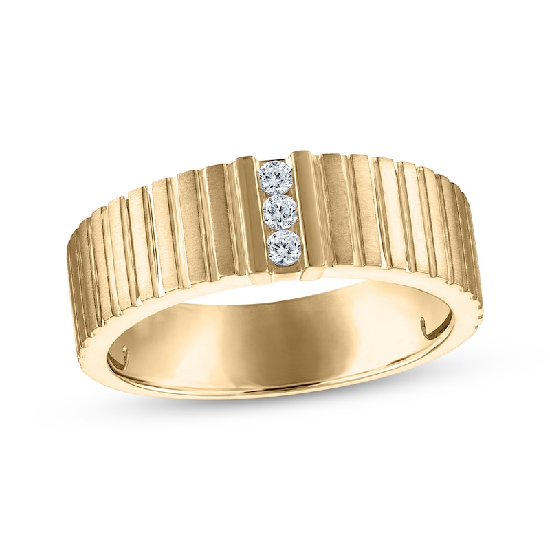 Main Image 1 of Men's Diamond Trio Grooved Wedding Band 1/10 ct tw 10K Yellow Gold