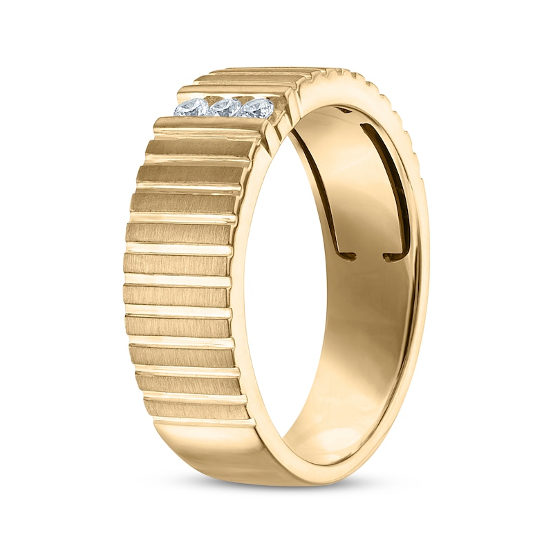 Main Image 2 of Men's Diamond Trio Grooved Wedding Band 1/10 ct tw 10K Yellow Gold