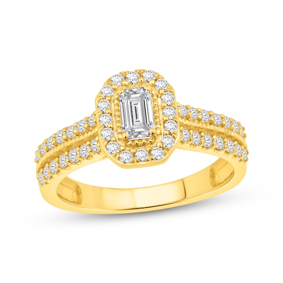 Lab-Grown Diamonds Emerald-Cut Halo Engagement Ring 3/4 ct tw 14K Yellow Gold