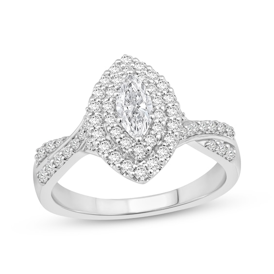 Lab-Grown Diamonds Marquise-Cut Double Halo Engagement Ring 3/4 ct tw 14K White Gold
