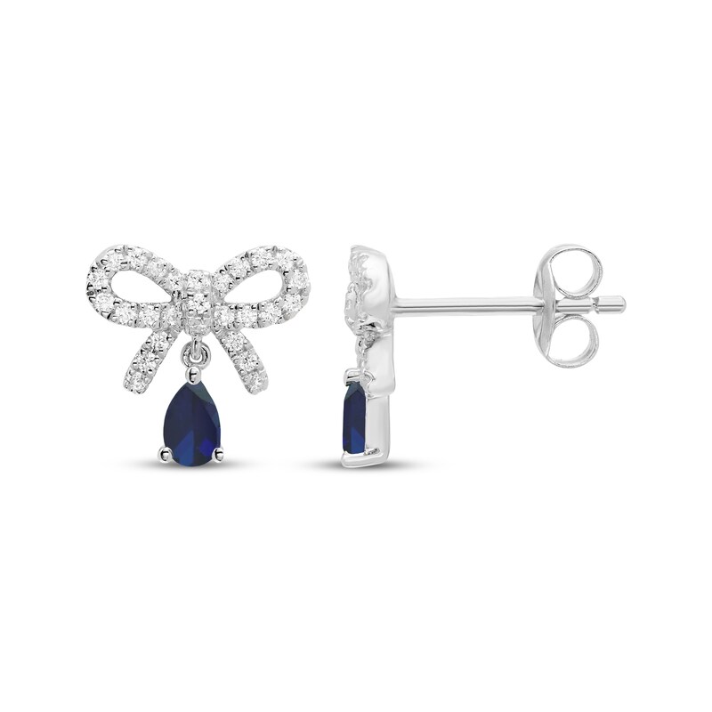 Main Image 3 of Pear-Shaped Blue Lab-Created Sapphire & White Lab-Created Sapphire Bow Drop Earrings Sterling Silver