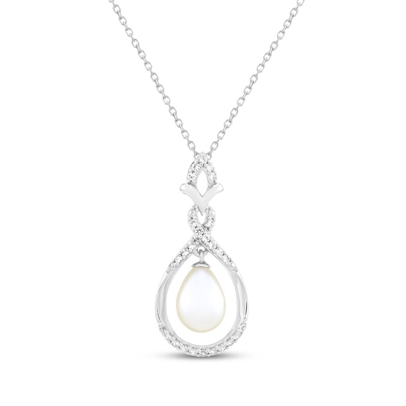 Main Image 1 of Cultured Pearl & White Lab-Created Sapphire Twist Frame Necklace Sterling Silver 18"