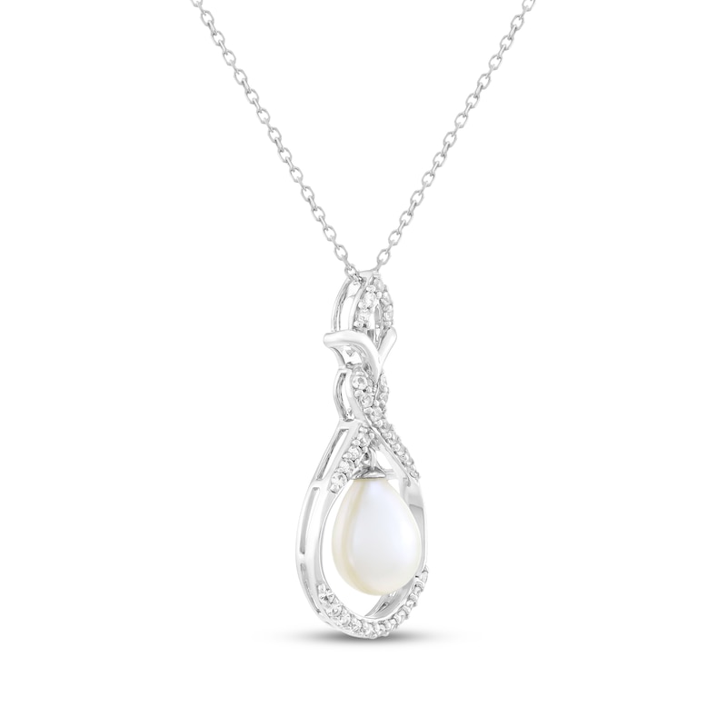 Main Image 2 of Cultured Pearl & White Lab-Created Sapphire Twist Frame Necklace Sterling Silver 18"