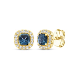 American Blue Sapphire & Diamond Halo Stud Earrings 1/6 ctw tw 10K Yellow Gold