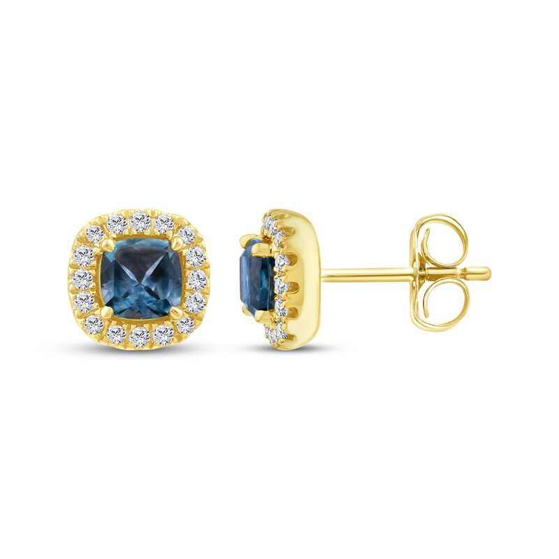 Main Image 3 of American Blue Sapphire & Diamond Halo Stud Earrings 1/6 ctw tw 10K Yellow Gold