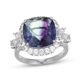 Cushion-Cut Fluorite & White Lab-Created Sapphire Halo Ring Sterling Silver