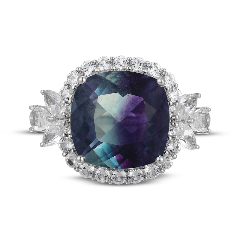 Main Image 3 of Cushion-Cut Fluorite & White Lab-Created Sapphire Halo Ring Sterling Silver