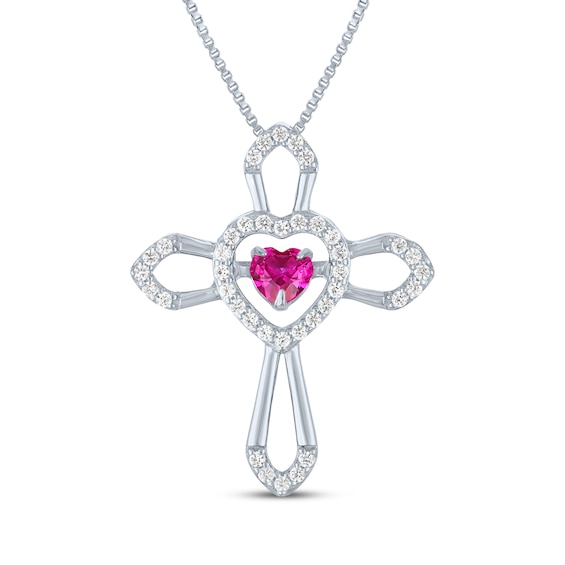 Heart-Shaped Lab-Created Ruby & White Lab-Created Sapphire Cross Necklace Sterling Silver 18"