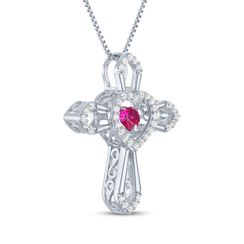 Main Image 2 of Heart-Shaped Lab-Created Ruby & White Lab-Created Sapphire Cross Necklace Sterling Silver 18"