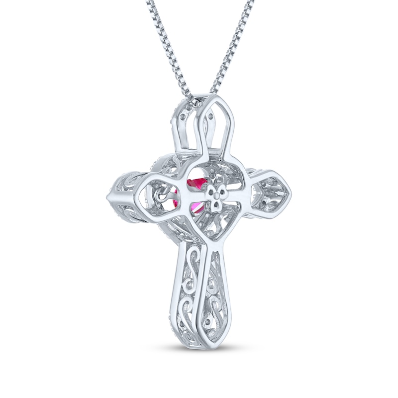 Main Image 3 of Heart-Shaped Lab-Created Ruby & White Lab-Created Sapphire Cross Necklace Sterling Silver 18"