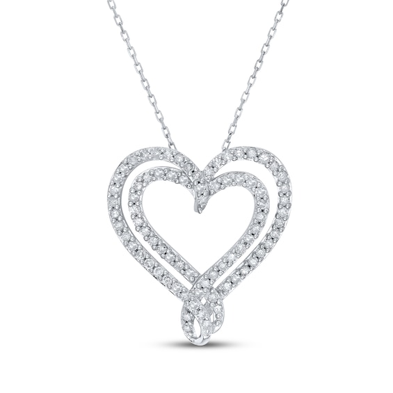Diamond Double Heart Outline Necklace 1/2 ct tw Sterling Silver 18"