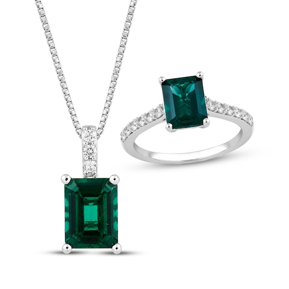 Emerald-Cut Lab-Created Emerald & White Lab-Created Sapphire Necklace and Ring Gift Set Sterling Silver