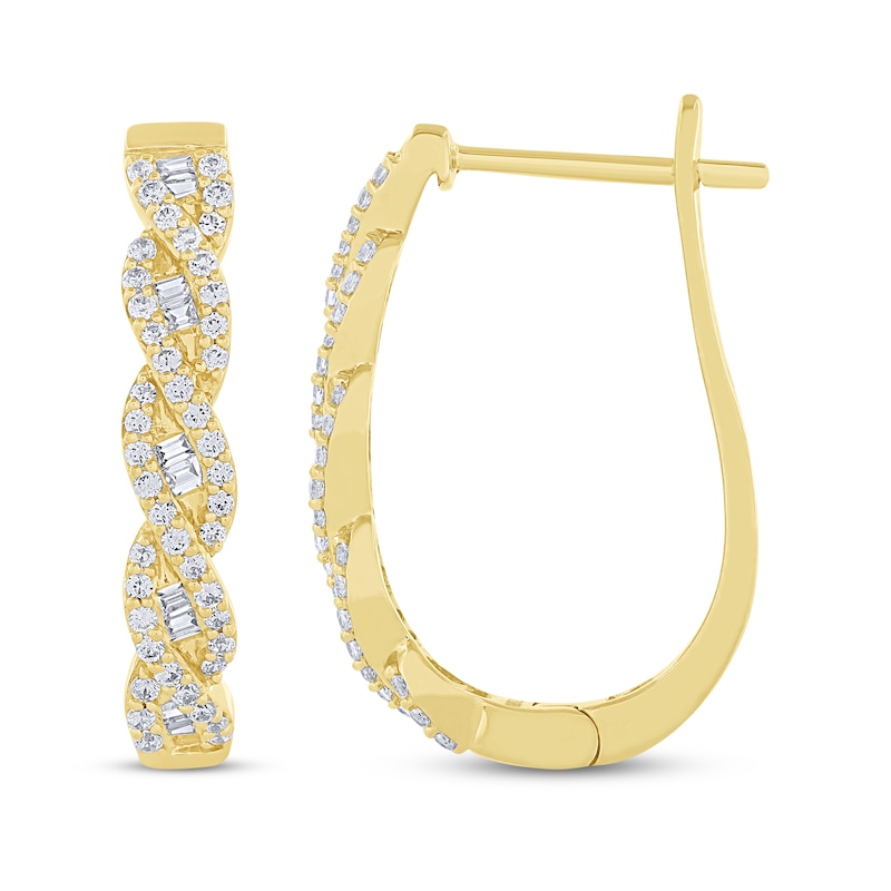 Main Image 1 of Baguette & Round-Cut Diamond Twist Hoop Earrings 1/2 ct tw 10K Yellow Gold