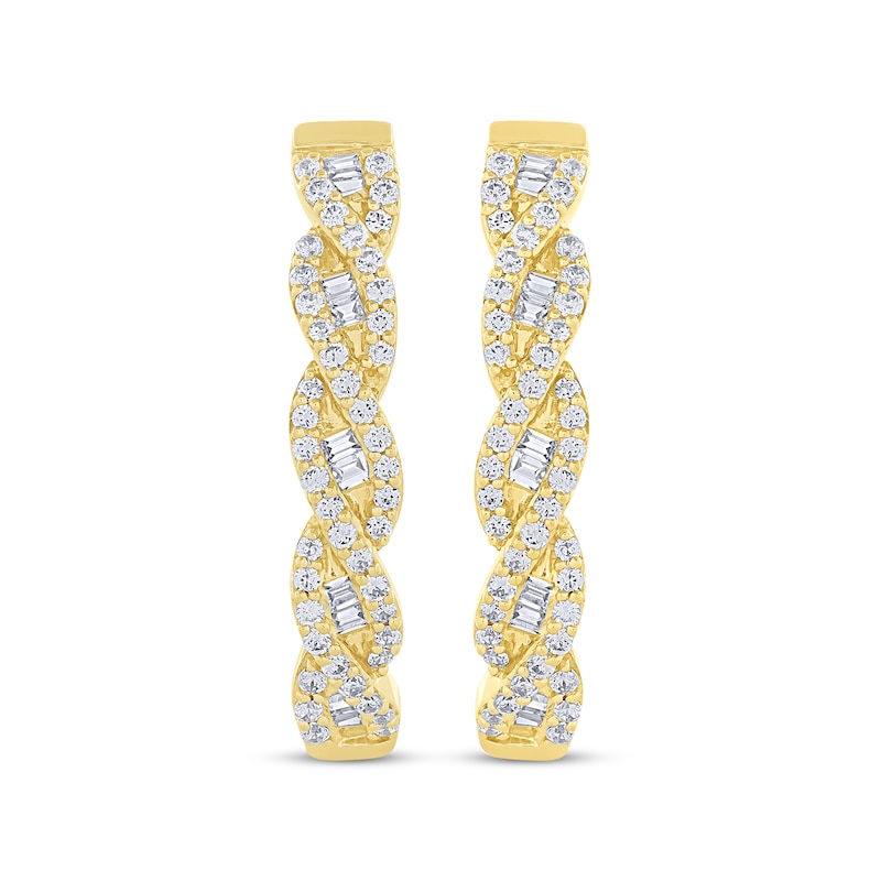 Main Image 2 of Baguette & Round-Cut Diamond Twist Hoop Earrings 1/2 ct tw 10K Yellow Gold