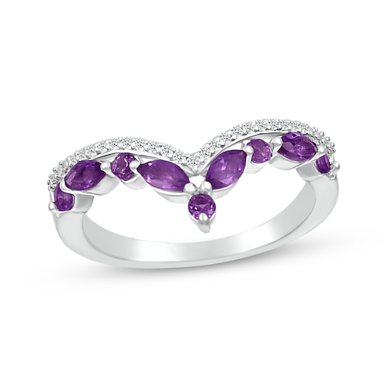 Marquise & Round-Cut Amethyst, White Lab-Created Sapphire Chevron Ring Sterling Silver