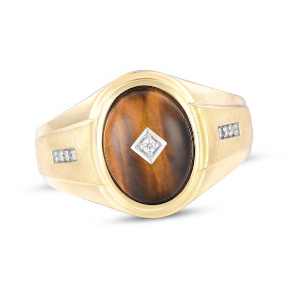 Men's Oval-Cut Tiger's Eye Quartz & Diamond Accent Ring 10K Yellow Gold Size 10