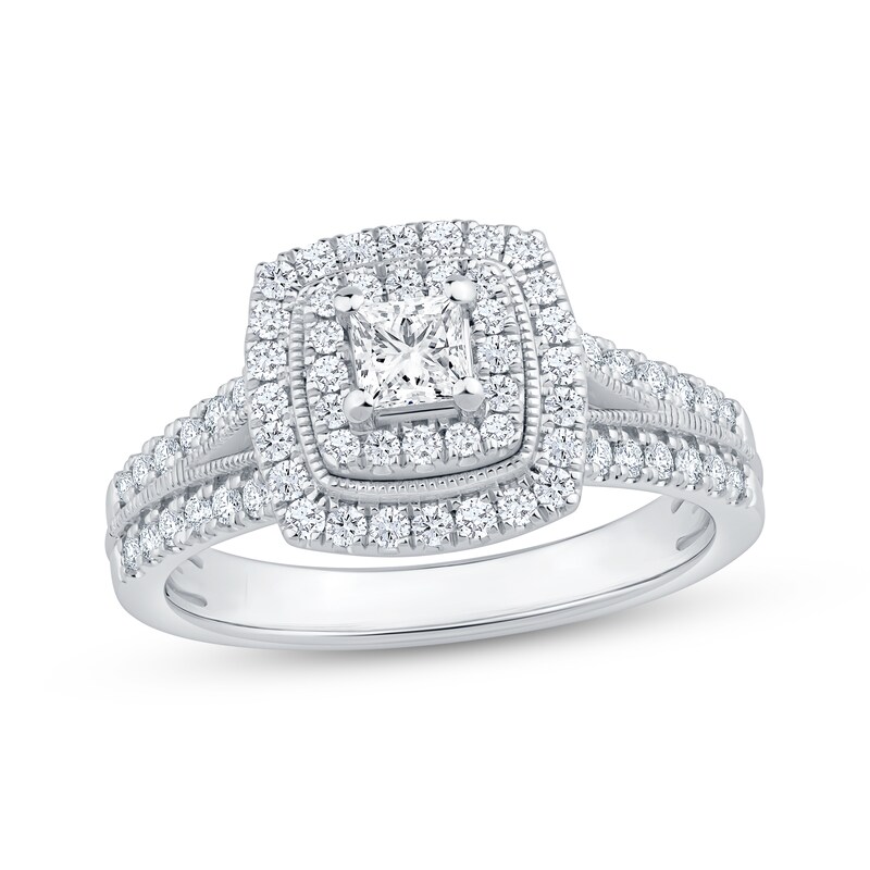 Main Image 1 of Adore Princess-Cut Diamond Double Halo Engagement Ring 3/4 ct tw 14K White Gold