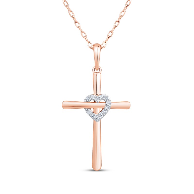 Main Image 1 of Diamond Heart Cross with Heart Necklace 1/20 ct tw 10K Rose Gold 18"