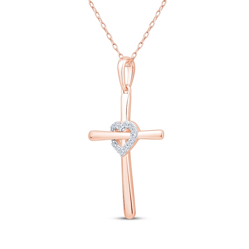 Main Image 2 of Diamond Heart Cross with Heart Necklace 1/20 ct tw 10K Rose Gold 18"