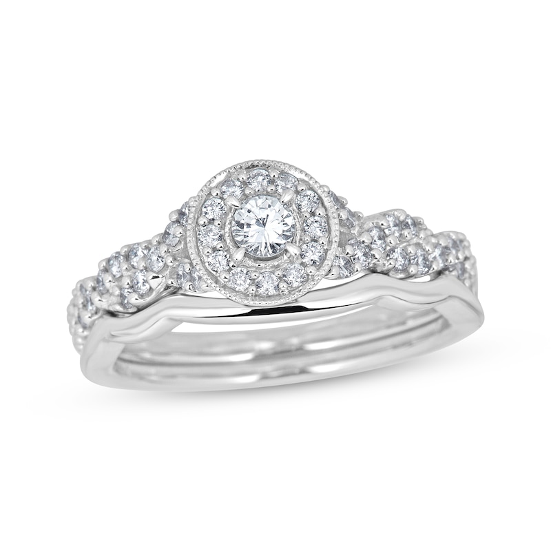 Main Image 1 of Adore Round-Cut Diamond Halo Milgrain Bridal Set 3/4 ct tw 10K White Gold