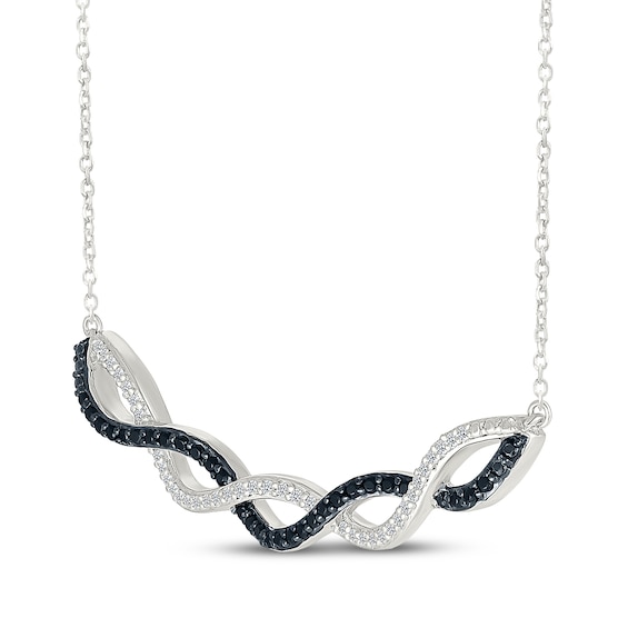 Black & White Diamond Twist Curved Bar Necklace 1/3 ct tw Sterling Silver 18"