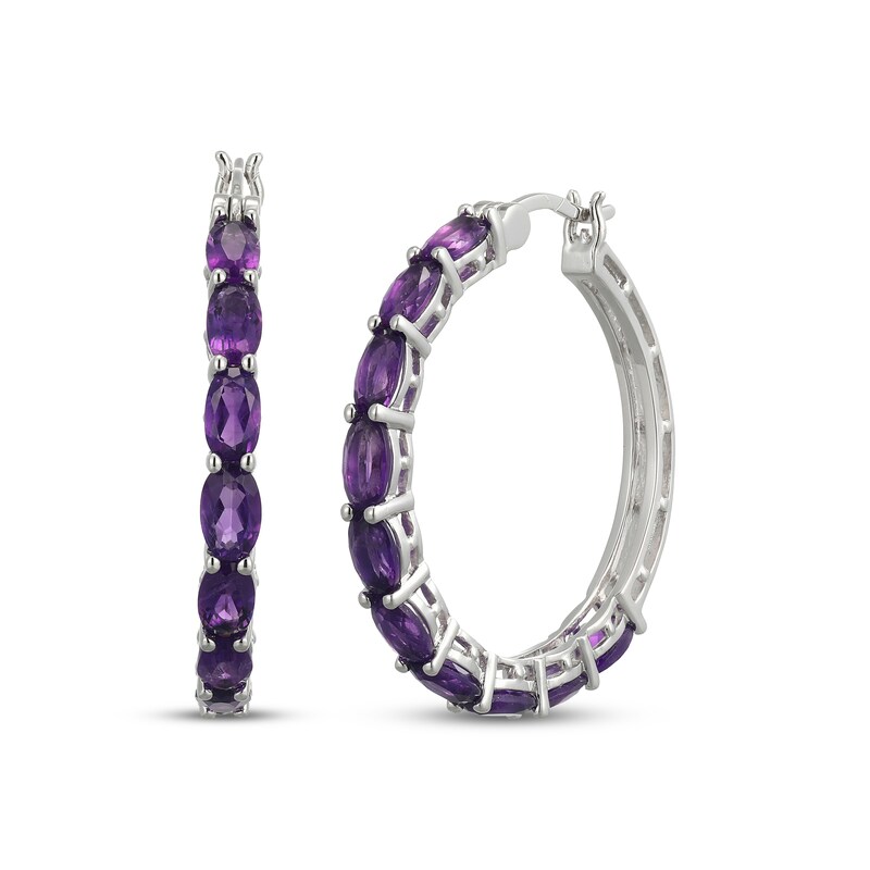Main Image 1 of Oval-Cut Amethyst Hoop Earrings Sterling Silver