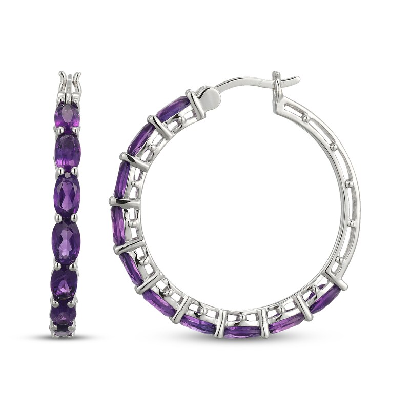 Main Image 3 of Oval-Cut Amethyst Hoop Earrings Sterling Silver