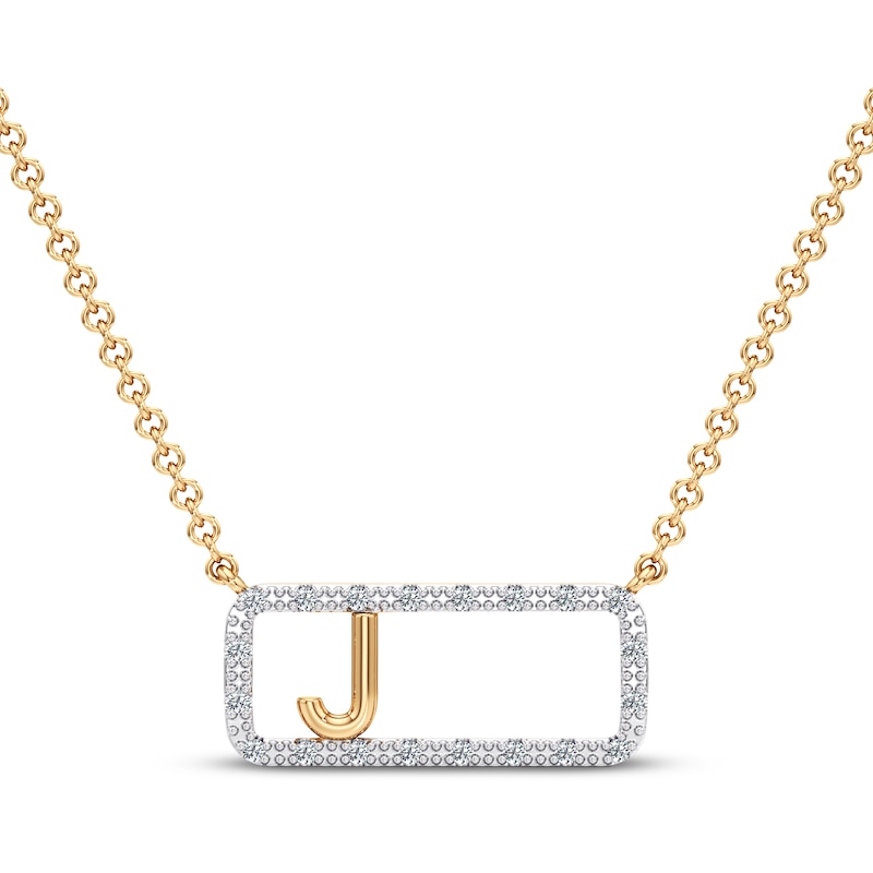 Main Image 1 of Diamond J Initial Rectangle Necklace 1/10 ct tw 10K Yellow Gold 18"